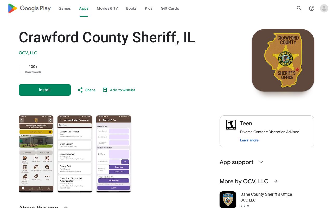 Google Play listing for the Crawford County Sheriff Illinois app