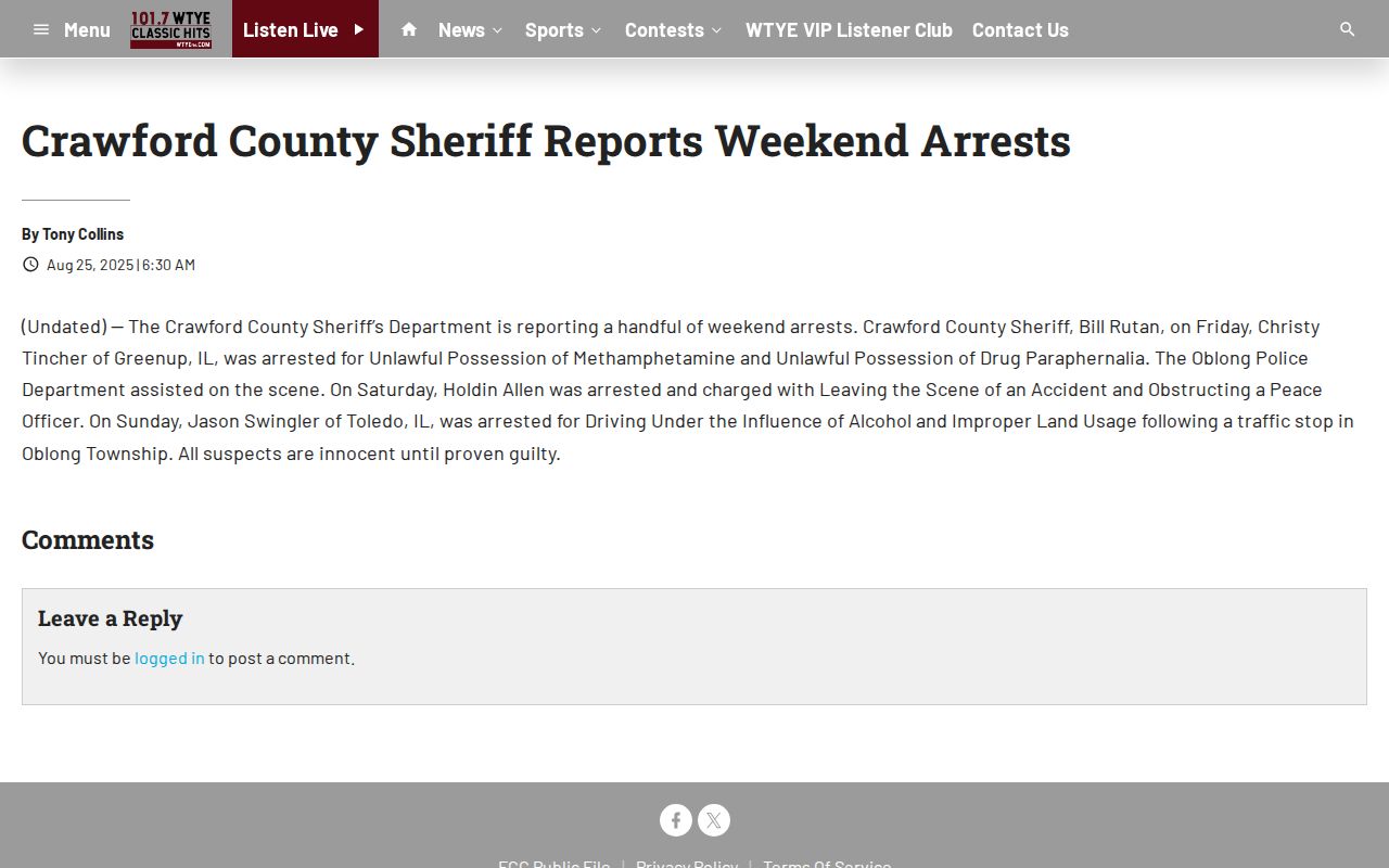 WTYE Crawford County Sheriff weekend arrest report
