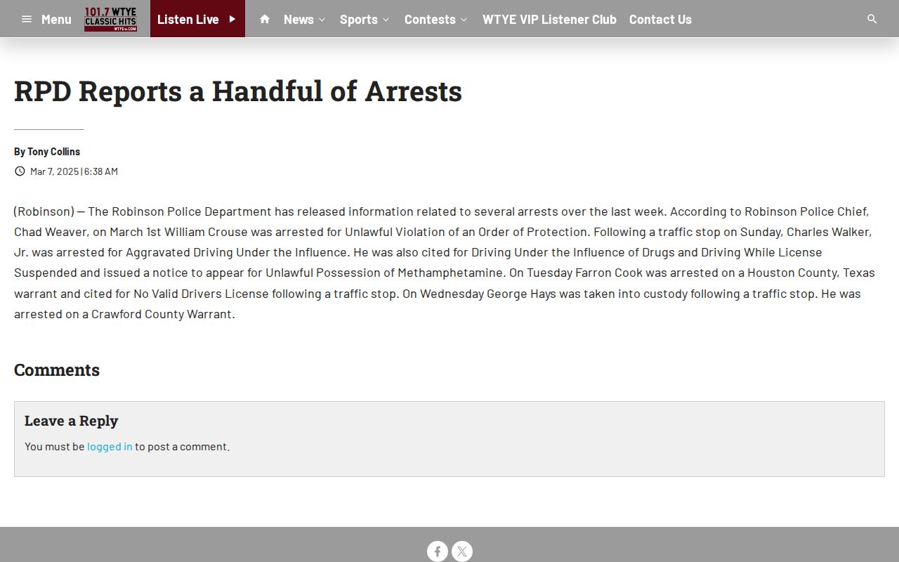 WTYE Robinson Police arrest roundup article